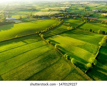 Aerial view of endless lush pastures and farmlands of Ireland. Beautiful Irish countryside with emerald green fields and meadows. Rural landscape on sunset. - Powered by Shutterstock