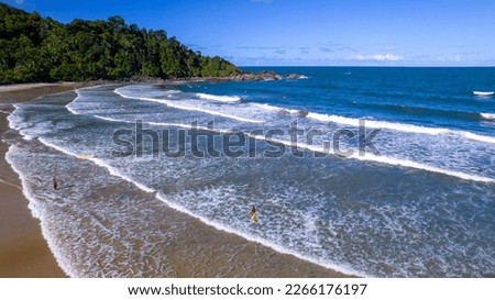 Aerial view of Engenhoca beach, in Itacare, Bahia, Brazil. Blue sky with clouds and forest and surfers in the sea.
