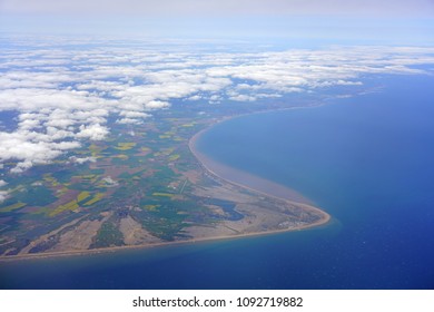 Aerial View Of The English Channel With England And The Dover Cliffs On The Left