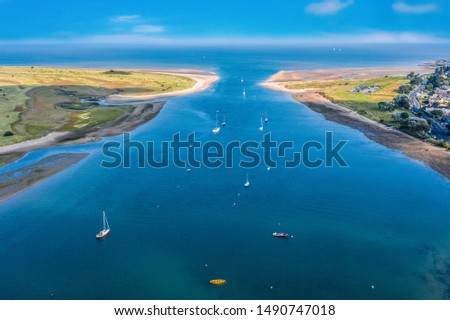 Aerial view of entrance to the  harbor seaport in Malahide, Dublin county, Ireland.Seascape of the irish coastline in  summer.