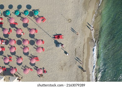 Aerial view of the equipped beach of Lido di Camaiore Tuscany photographed in the late afternoon 