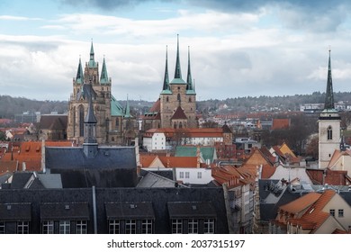 Aerial view of Erfurt City with Erfurt Cathedral and St. Severus Church (Severikirche) - Erfurt, Thuringia, Germany