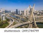 Aerial view of the Estaiada bridge. Sao Paulo Brazil. Business center. Famous cable-stayed bridge (Ponte Estaiada).