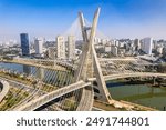 Aerial view of the Estaiada bridge. Sao Paulo Brazil. Business center. Famous cable-stayed bridge (Ponte Estaiada).
