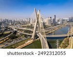 Aerial view of the Estaiada bridge. Sao Paulo Brazil. Business center. Famous cable-stayed bridge (Ponte Estaiada).