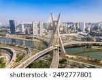 Aerial view of the Estaiada bridge. Sao Paulo Brazil. Business center. Famous cable-stayed bridge (Ponte Estaiada).