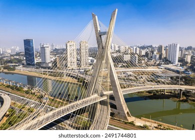 Aerial view of the Estaiada bridge. Sao Paulo Brazil. Business center. Famous cable-stayed bridge (Ponte Estaiada).