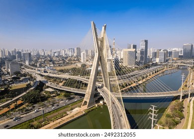 Aerial view of the Estaiada bridge. Sao Paulo Brazil. Business center. Famous cable-stayed bridge (Ponte Estaiada). - Powered by Shutterstock