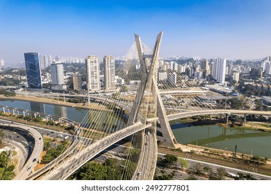 Aerial view of the Estaiada bridge. Sao Paulo Brazil. Business center. Famous cable-stayed bridge (Ponte Estaiada). - Powered by Shutterstock