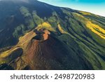 Aerial view of Etna Volcano crater  near Catania, Italy, Sicily.. Silvestri lava volcanic crater at the slopes of Mount Etna