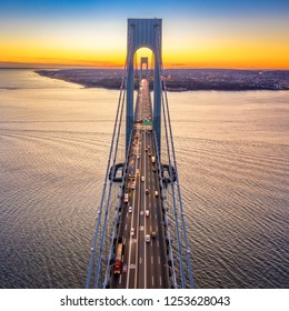 Aerial view of the evening rush hour traffic on Verrazzano Narrows Bridge, as viewed from Brooklyn, NY