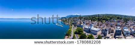 Aerial view of Evian (Evian-Les-Bains) city in Haute-Savoie in France