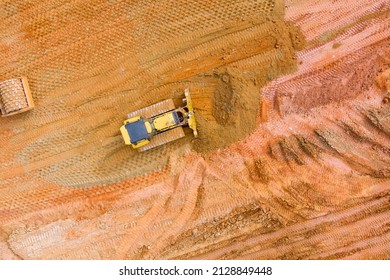 Aerial View Excavator Doing Moving Soil Construction Works Landscaping Works For Construction Site