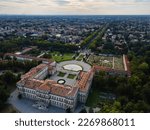 Aerial view of facade of the elegant Villa Reale in Monza, Lombardy, north Italy. Birds eye of the beautiful Royal Palace of Monza. Drone photography in Lombardia.