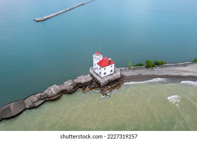 Aerial view of Fairport Harbor West Breakwater Light in Lake Erie, Ohio. - Shutterstock ID 2227319257