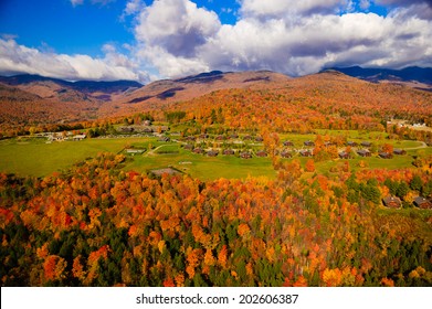 Aerial View Of Fall Foliage Including Trapp Family Lodge, Stowe, Vermont, USA