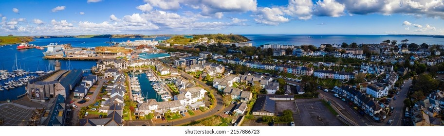 The aerial view of Falmouth, a town on the coast of Cornwall in southwest England