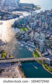 Aerial View Of False Creek In Downtown Vancouver, British Columbia, Canada. Modern City Viewed From Above. Bright Sunny Day