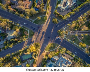 Aerial view of famous 6-way stop street intersection in Beverly Hills, Los Angeles, California.