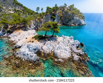 Aerial view of the famous Amarantos Cape with three Pine Trees known from the Mamma Mia movie, Skopelos island, Sporades, Greece
