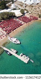 Aerial view of famous beach of Super Paradise with sapphire clear sea, Mykonos island, Cyclades, Greece