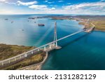 Aerial view of famous cable-stayed bridge to Russky island from Vladivostok city in Far East of Russia
