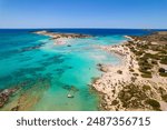 Aerial view of the famous  Elafonisi beach with the turquoise waters and  the pink sand ,in chania, Crete, Greece.