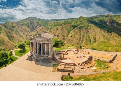 Aerial view of the famous Garni temple in Armenia. The historic Greek style building is located on the edge of a picturesque gorge. Travel and Tourism locations