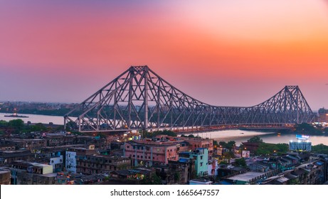 Aerial View Of Famous Howrah Bridge/ Rabindra Setu At The Time Of Sunset.