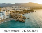 Aerial view of the famous mirador view point Balcon de Europa in Nerja resort town on Costa del Sol Mediterranean sea coast at sunrise in Andalusia, Spain