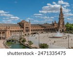 Aerial view of the famous Plaza de España in Seville, Spain, on a sunny day