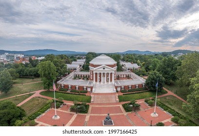 Aerial view of the famous Rotunda building of the University of Virginia in Charlottesville with classic Greek arches design by President Jefferson iconic building of the campus 