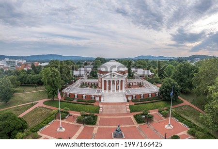 Aerial view of the famous Rotunda building of the University of Virginia in Charlottesville with classic Greek arches design by President Jefferson iconic building of the campus 