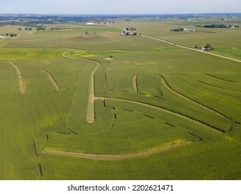 Aerial View Of Farm Fields. Interesting Patterns Carved Into The Corn Field. Scattered Farm Buildings In Groups Throughout The Scene. Hazy Blue Sky Overhead. Small Rolling Hills Throughout. 