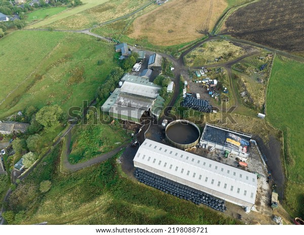Aerial view a farm just outside Denshaw,\
Saddleworth, Oldham, Greater Manchester,\
UK