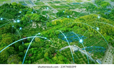 Aerial view of farmland and communication network concept. Agritech. Internet of Things. - Powered by Shutterstock