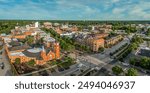 Aerial view of Fayetteville North Carolina downtown business district, main street in Cumberland county First Baptist Church. government buildings