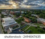 Aerial view of Fayetteville State University public historically black university in Fayetteville, North Carolina with dramatic colorful sunset sky