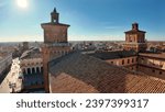 Aerial view from Ferrara Castle tower, majestic fortress that stands in the heart of Ferrara, Italy. It was built in 1385 by the Este family, who ruled the city for centuries over the Duchy of Ferrara