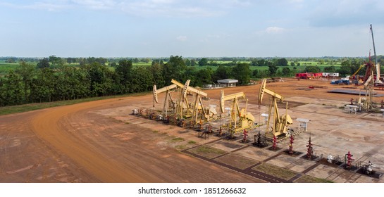 Aerial View Of Field Oil Pump Jack Oil Rig Machine For Pumping Natural Fossil Fuel, Webinar Banner