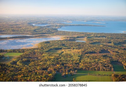Aerial View Of Fields And Trees In Autumn Color And Lakes Near Brainerd Minnesota