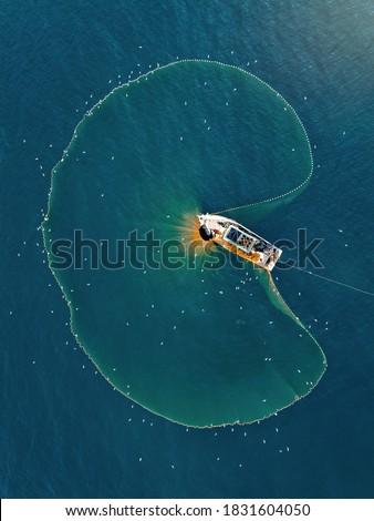 Aerial view fisherman catching fish using net at the ocean.