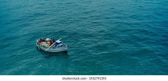 Aerial View, Fishing Boat With Artisanal Fishermen Near The Shore