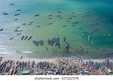 Aerial view of fishing village of Tanji. Unloading of fishing boats. The Gambia. West Africa. 