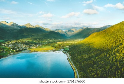 Aerial View Fjord And Forest Mountains Landscape In Norway Travel Destinations Nature Andalsnes Summer Season Scenery	