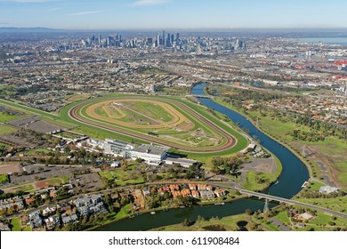 Aerial View Of Flemington Racecourse With Melbourne CBD In Background (Victoria, Australia)