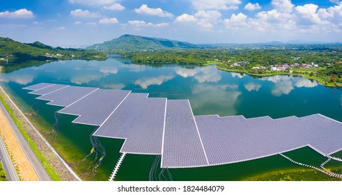 Aerial view of Floating solar panels or solar cell Platform system on the lake