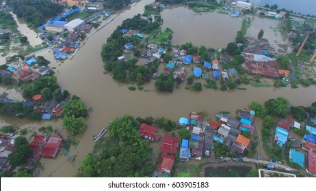 Aerial view of flood in Ayutthaya Province,Thailand.