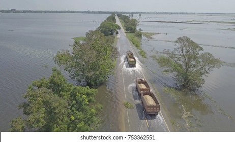 Aerial view of flood in Ayutthaya Province,Thailand