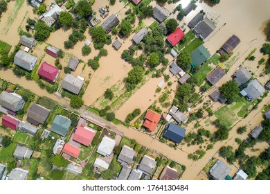 Aerial View Of Flooded Houses With Dirty Water Of Dnister River In Halych Town, Western Ukraine.